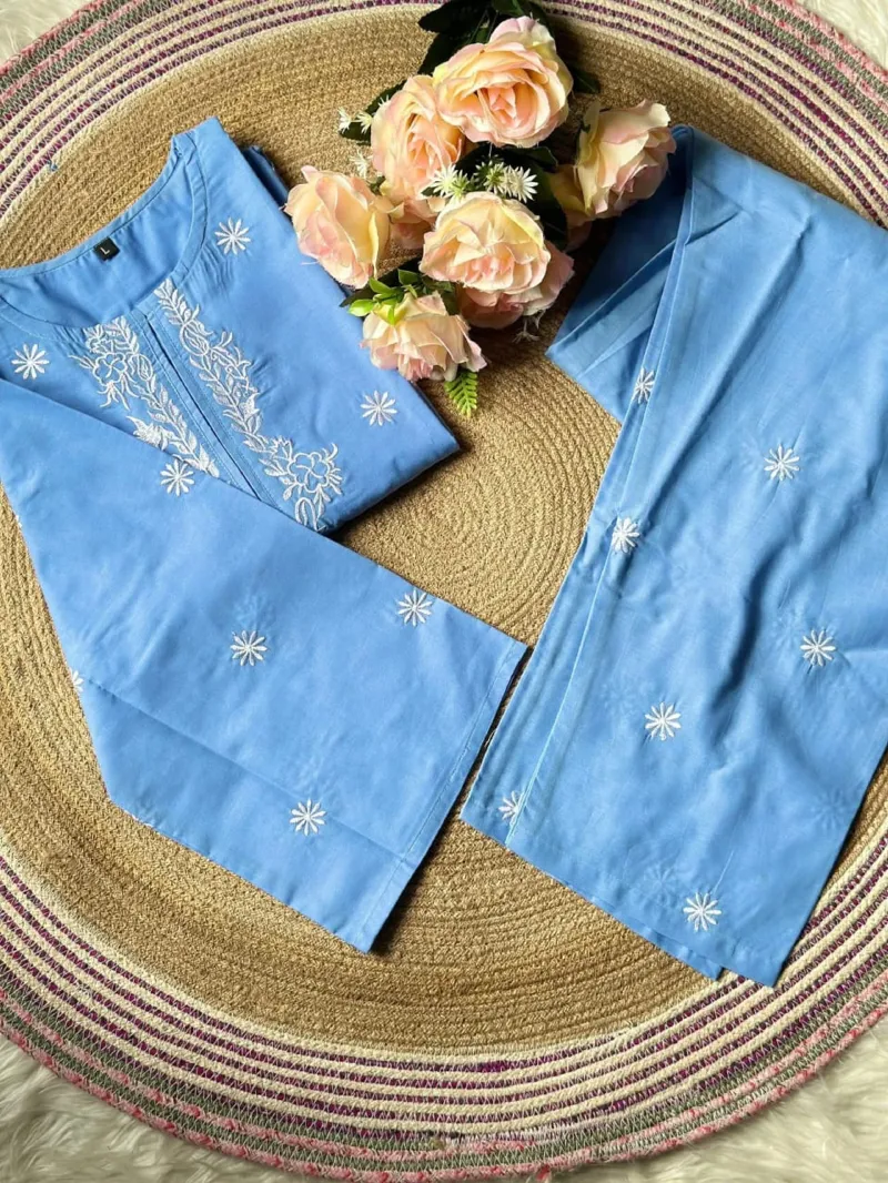 Women's Pure Cotton Flower Embroidery Co-Ord Set, Lace Sleeves