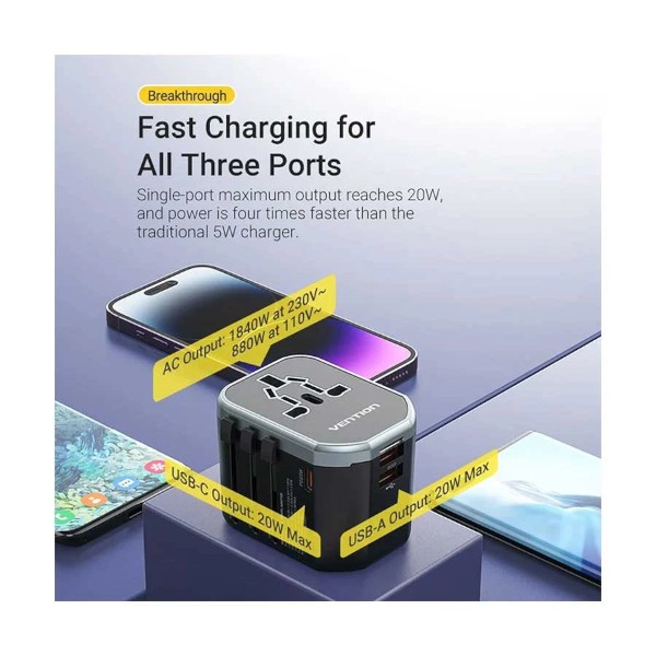 Vention FJCB0 3-Port USB 20W Black Universal Travel Charger