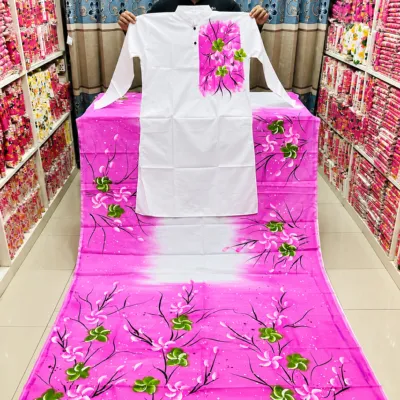 Hand-Painted Couple Set: Half Silk Saree & Dupion Silk Panjabi