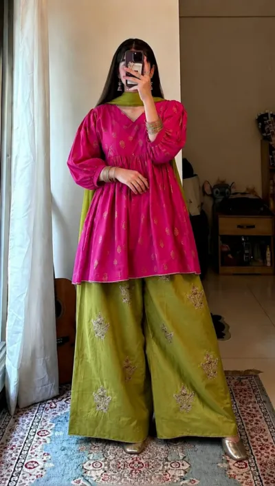 Golden Afsan Print Cotton Three Piece, Kuchi Design, 2 Colours