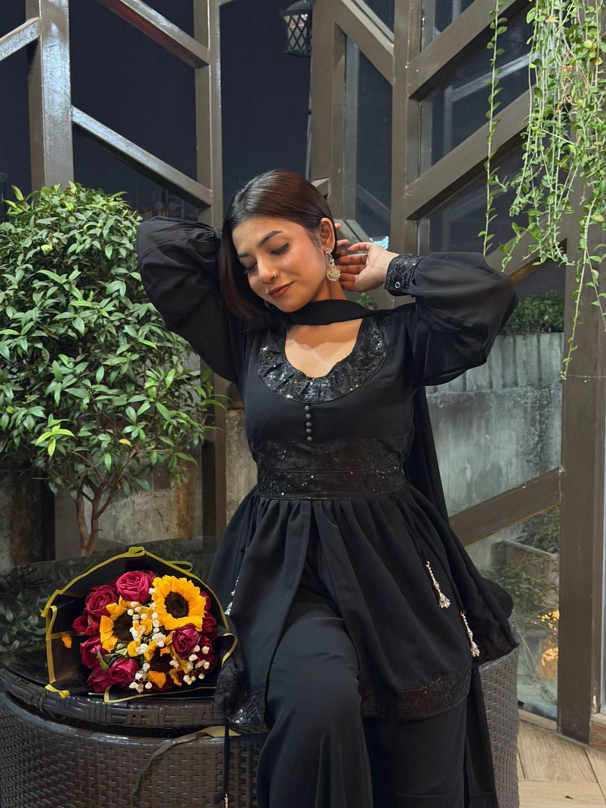 Black Georgette Sequin Three Piece with Tassels and Palazzo