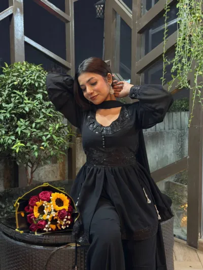 Black Georgette Sequin Three Piece with Tassels and Palazzo