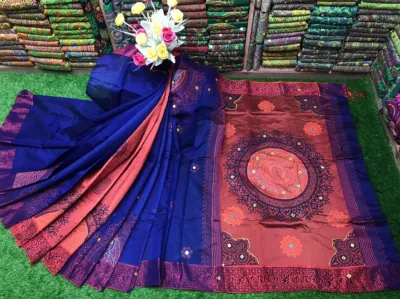 Dhupian Silk Block Print Saree with Embroidered Design, 13 Haath