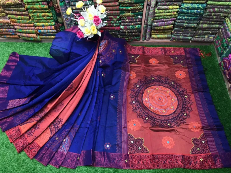 Women's Embroidered Block Print Saree in Dhupian Silk