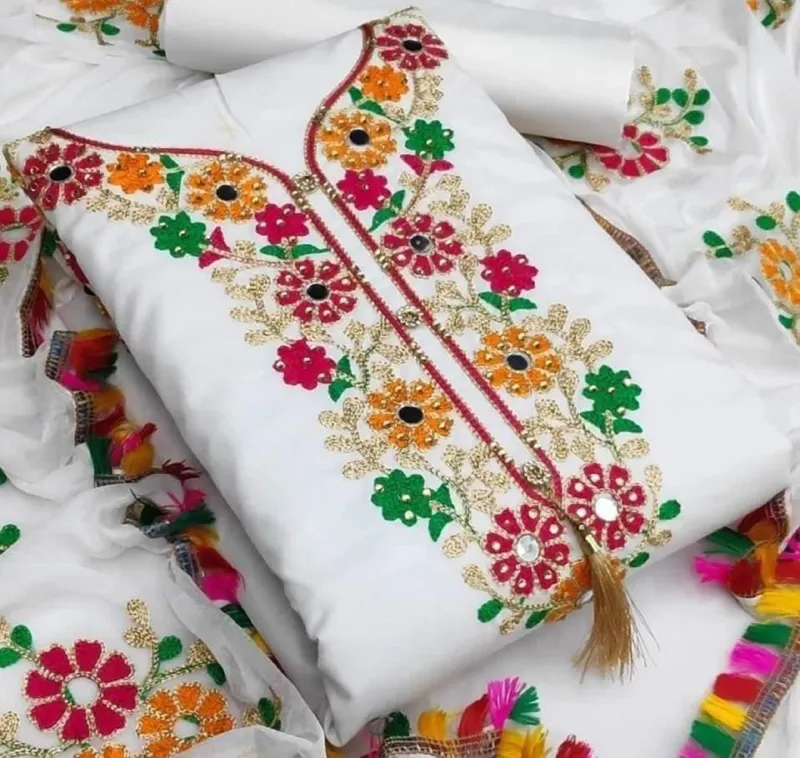 Aari Embroidered Cotton Three Piece, 40 Inch Kameez, 6 Colours