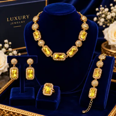 Premium Golden-Topaz Bridal Jewelry Set – Necklace, Earrings, Bracelet & Ring