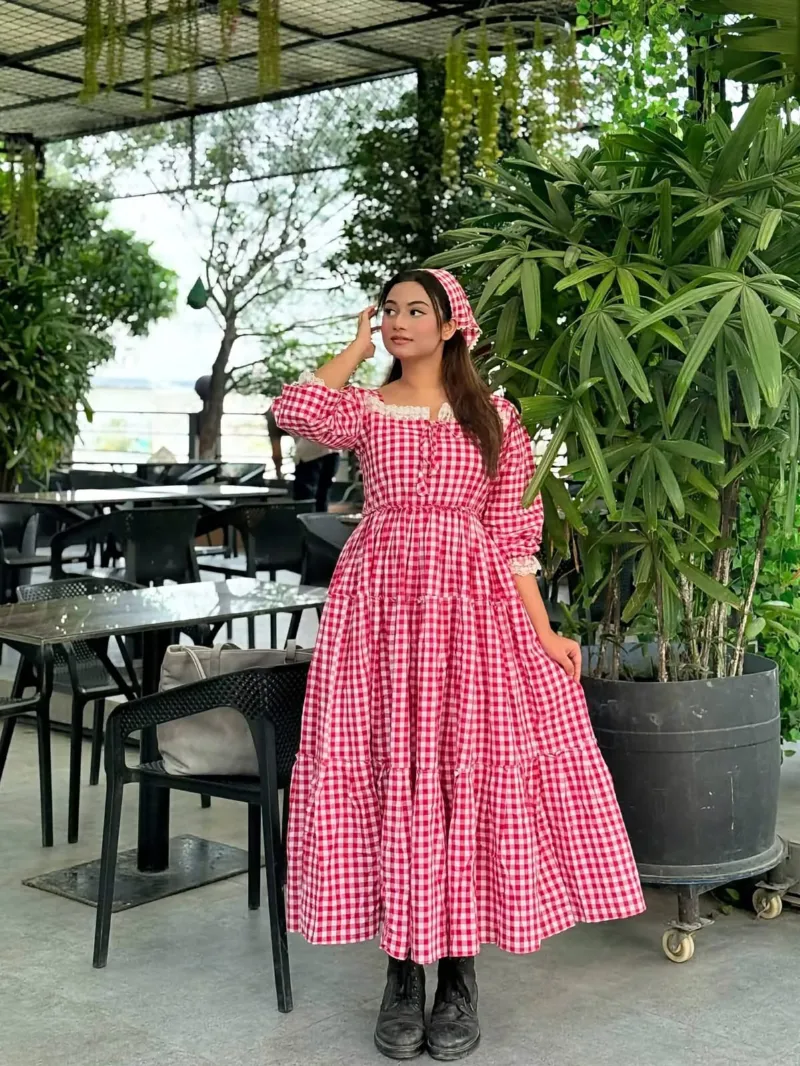 Women's Cotton Check Print Gown Kurti with Lace and Belt