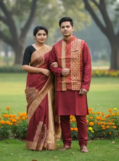 Nakshi Tangail Saree and Koti Panjabi Couple Set, 6 Colours