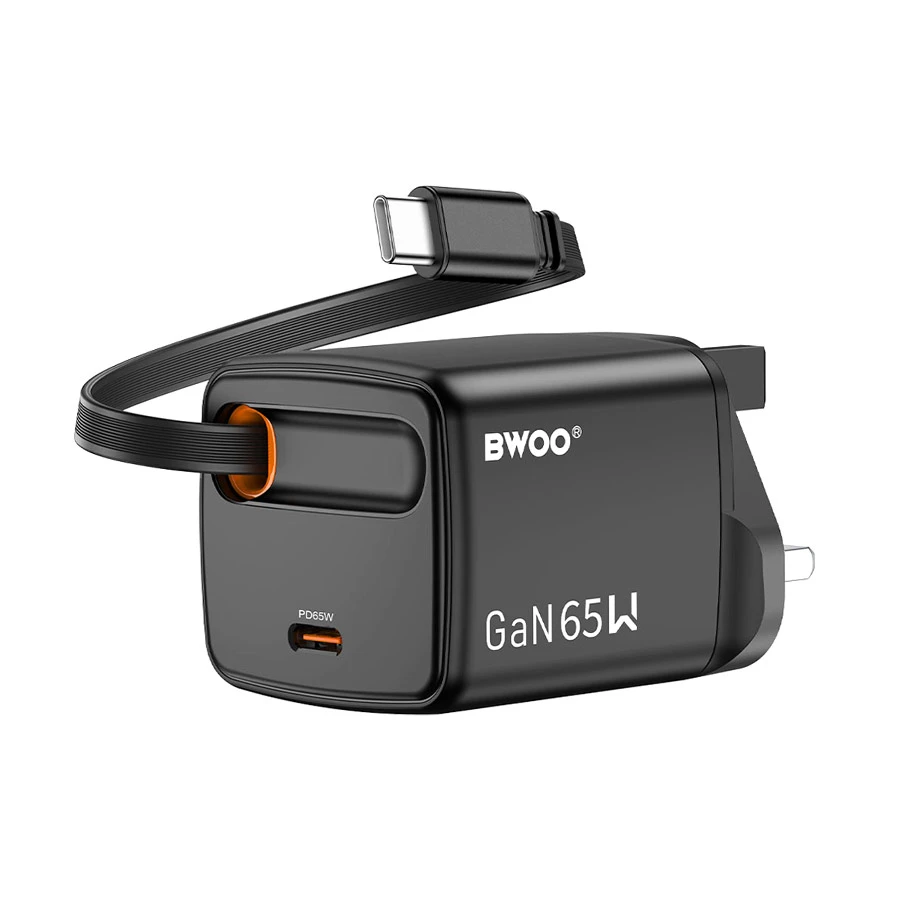 Bwoo BO-CDA232 65W GaN Charger with Retractable USB-C Cable Black (UK)