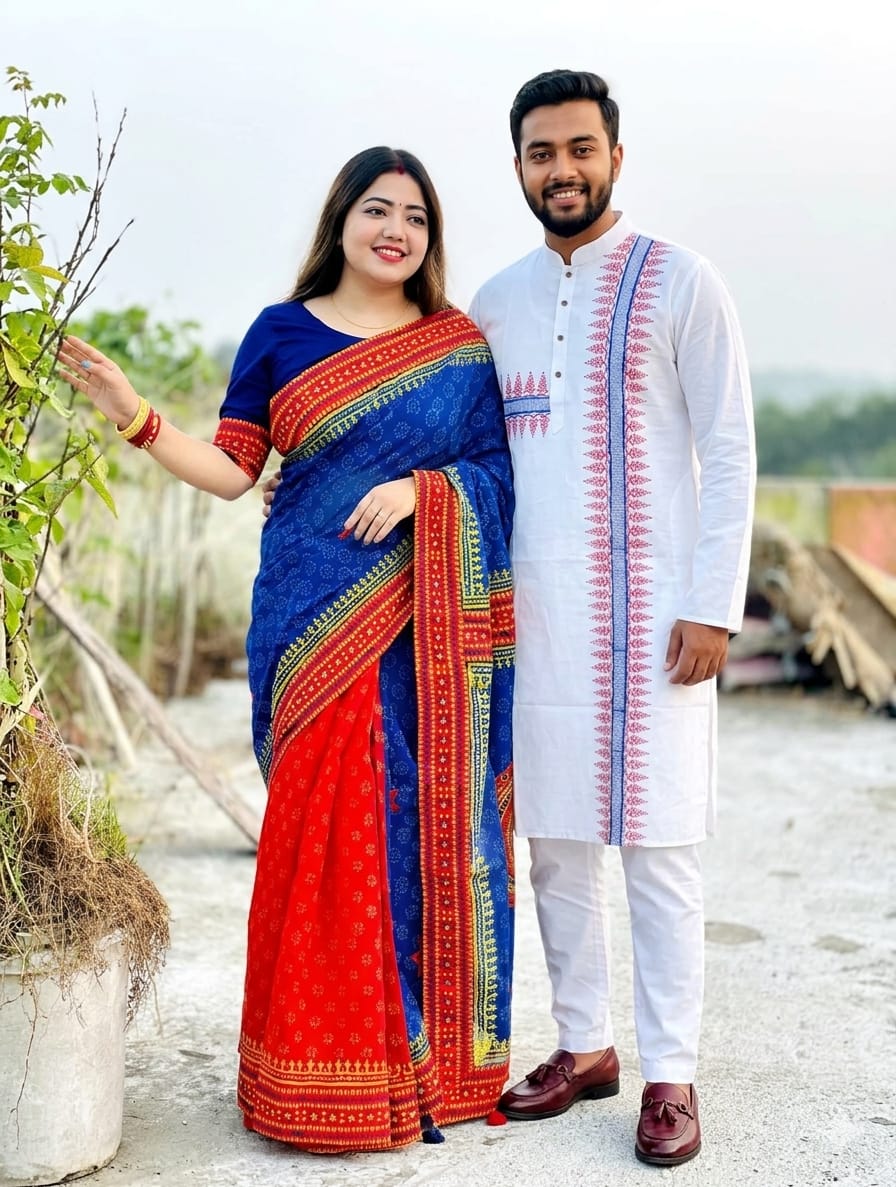 Boishakh Couple Saree and Panjabi Set, Half Cotton and Dhupian Silk