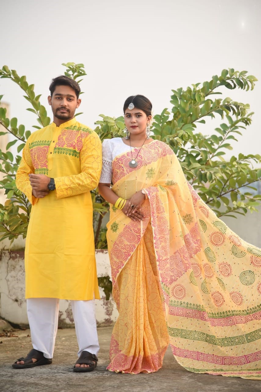 Block Print Couple Saree and Panjabi Set, Panjabi Sizes S to XL