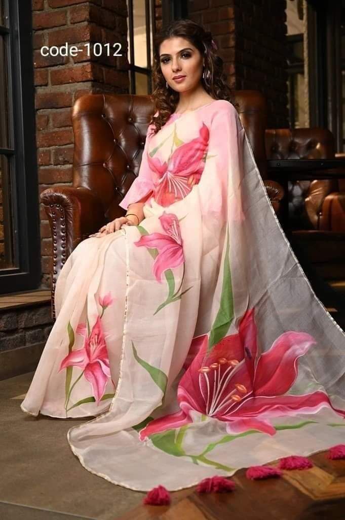 Women's Half Silk Hand Painted Saree with Brush Work