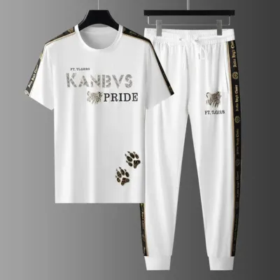 Men's Printed Half Sleeve Mesh T-Shirt with Full Pant, Single Colour