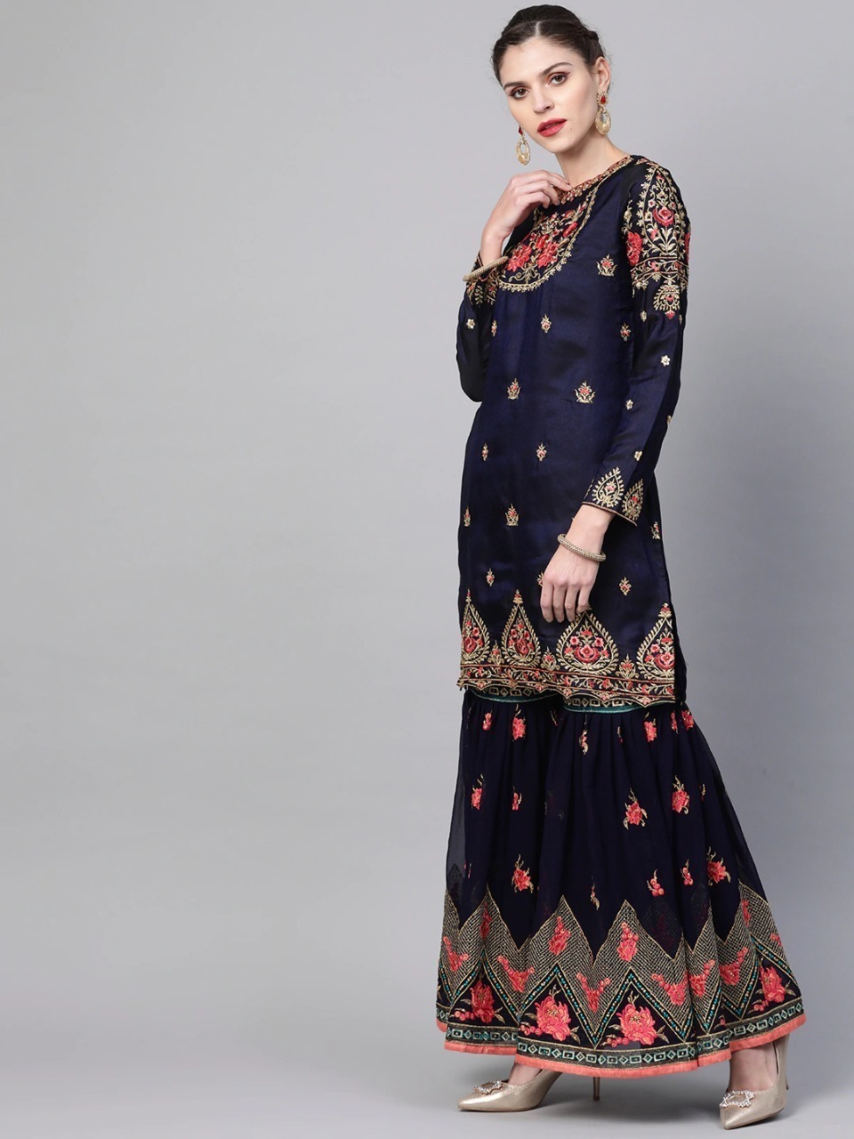 Semi-Stitched Embroidered Georgette Sharara Dress, Body Up to 58