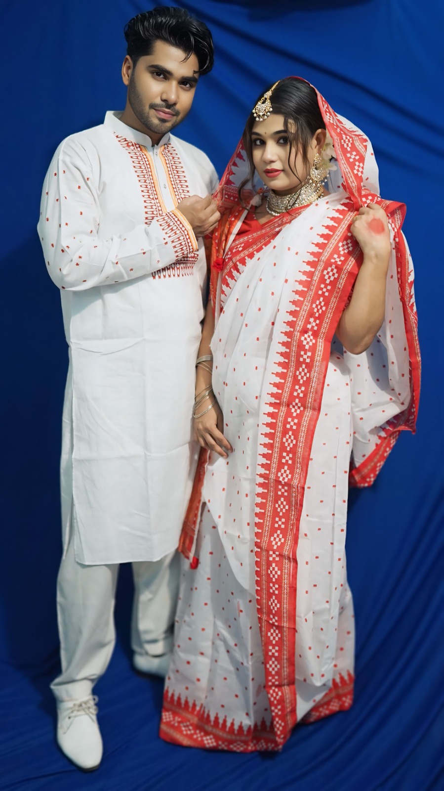 Couple Set of Half Silk Saree and Slub Cotton Panjabi, Sizes 38 to 46
