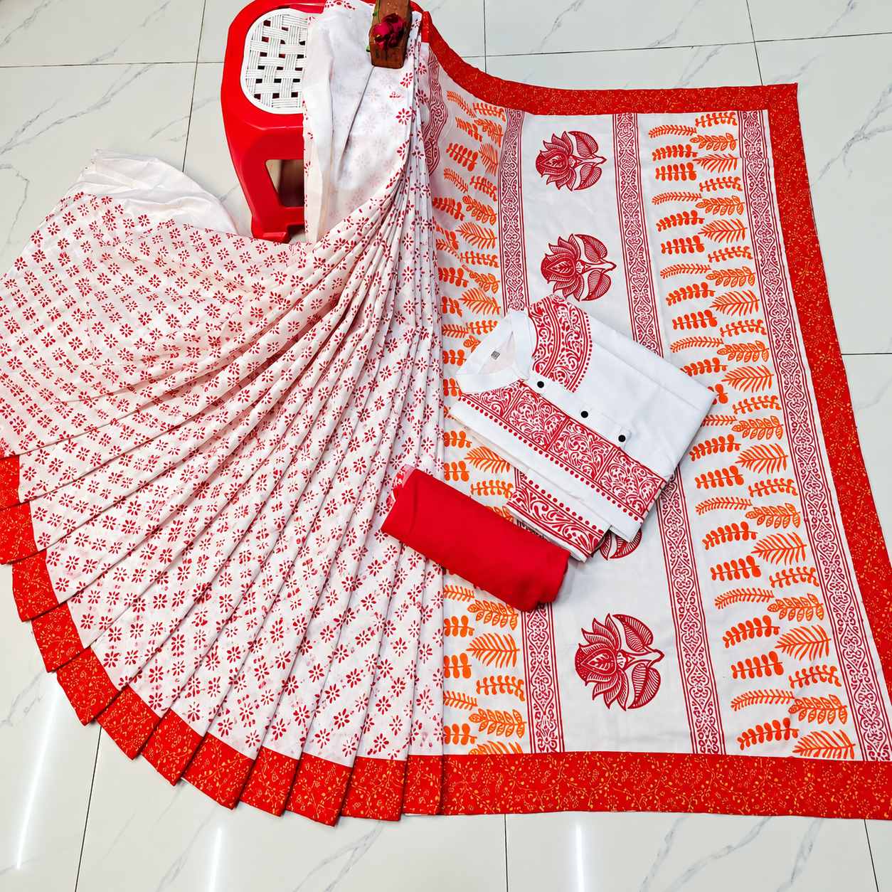 Special Puja Collection: Traditional Red and White Block-Print Couple Set
