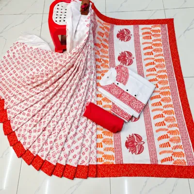 Special Puja Collection: Traditional Red and White Block-Print Couple Set