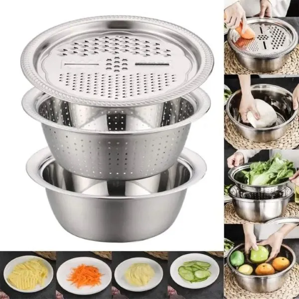 3-in-1 Multifunctional Stainless Steel Basin With Grater, Vegetable Cutter with Drain Basket