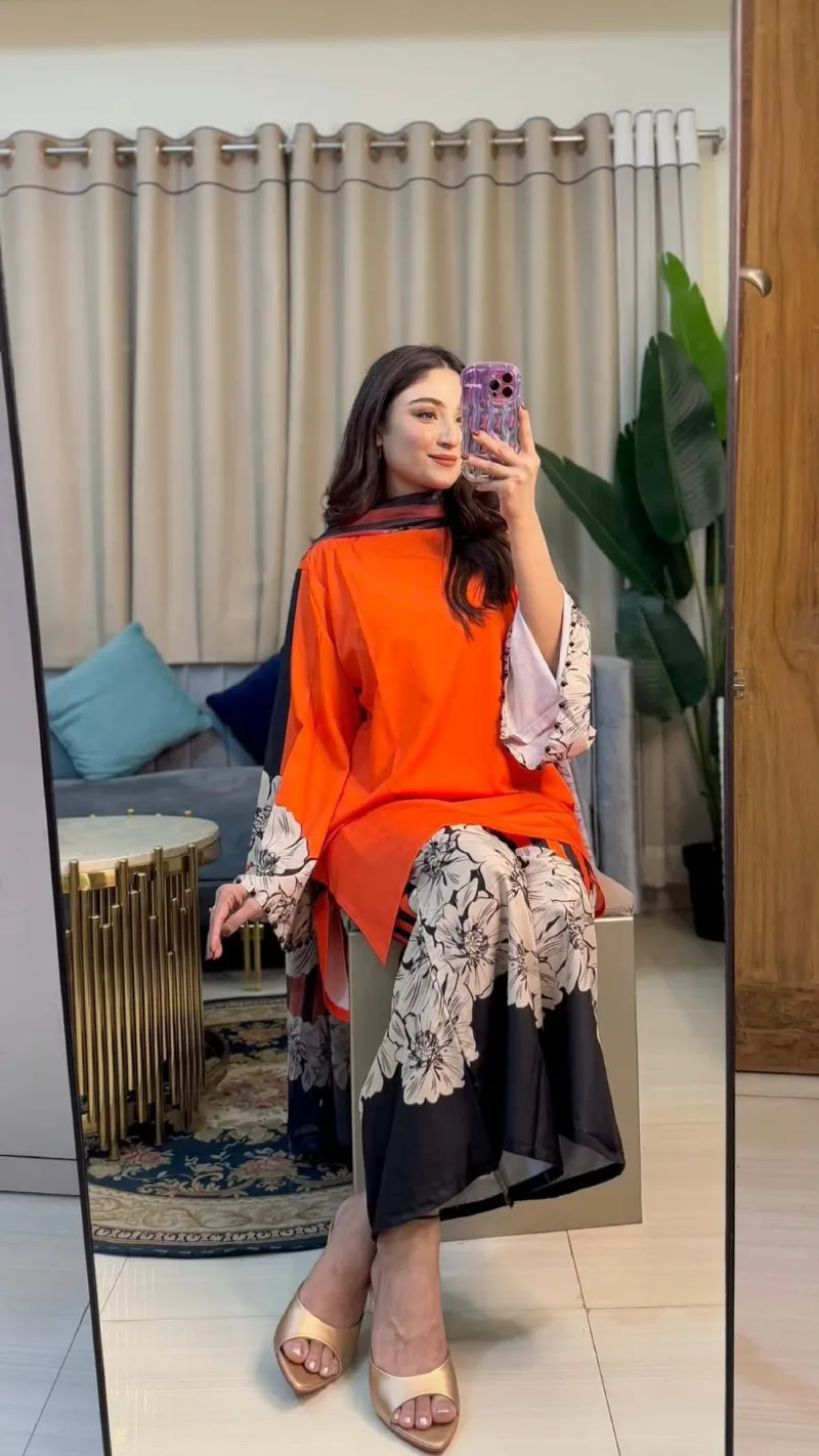 Women's Cotton Silk Three Piece in Digital Print, 5 Colours