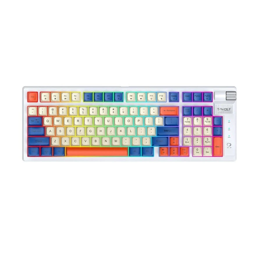 T-Wolf T70 Tri Mode Hot Swap Red Switch Gaming Keyboard White Blue