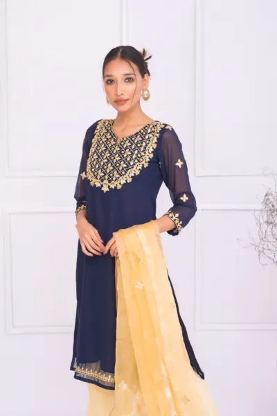 Dollar Embroidery Georgette Three Piece with Organza Orna, 44 Inch