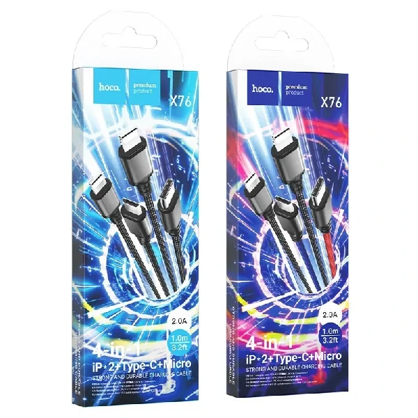 Hoco X76 4-in-1 Super Charging Cable (Type-C+Type-C+iP+Micro)