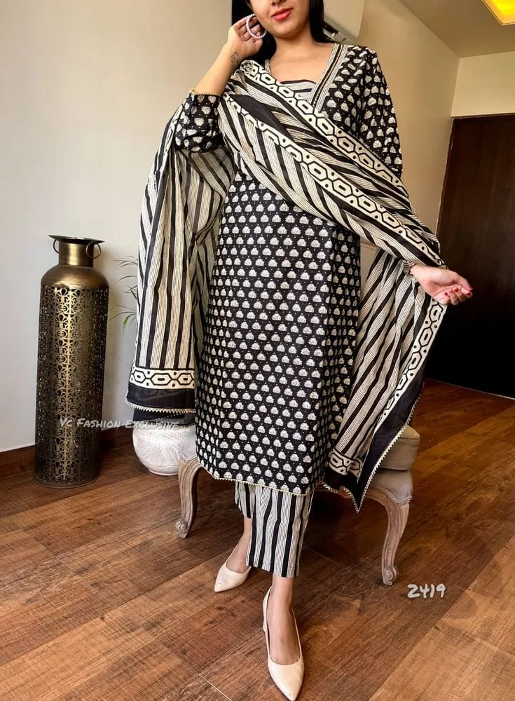 Women's Screen Print Three Piece, AC Cotton Kameez, Sizes 38 to 44