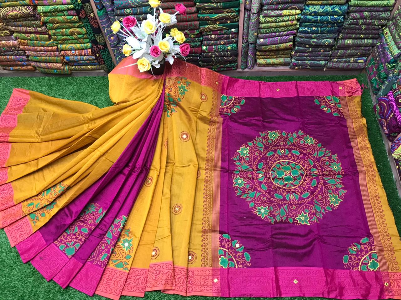 Dhupian Silk Block Print Saree with Embroidered Design, 13 Haath