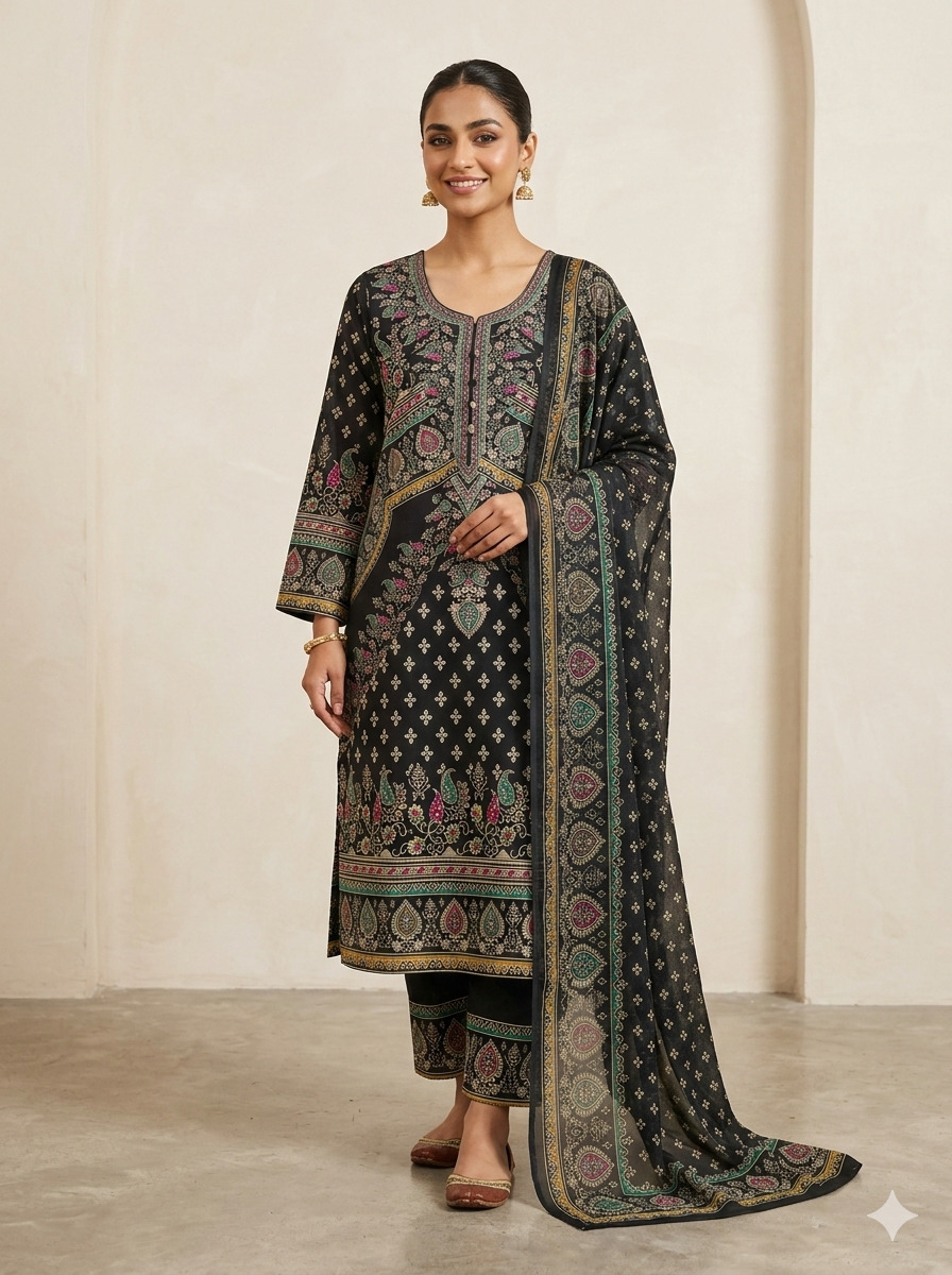 Digital Print Lace Detail Three Piece for Women, Georgette Orna