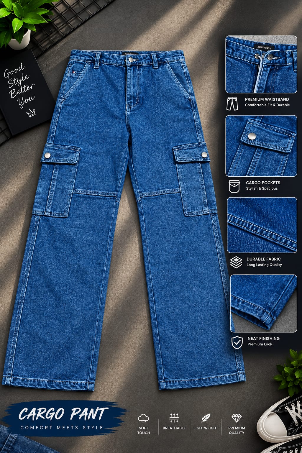 Men's 6 Pocket Baggy Cargo Denim Pant with Drawstring Waist