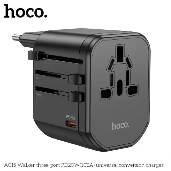 HOCO AC15 Walker 3-port PD20W + 2USB Universal Conversion Charger – Black Colorger