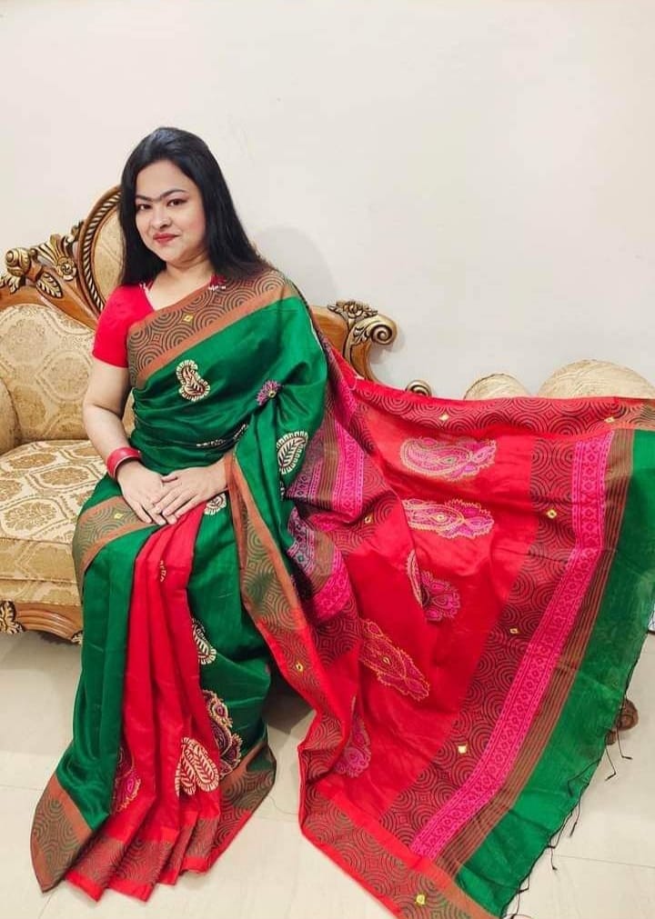 Women's Hand Print Half Silk Saree, 12 Haath Long