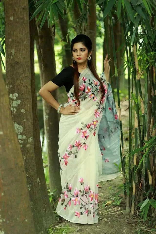 Hand Brush Painted Half Silk Saree in 3 Colours, 12 Haath