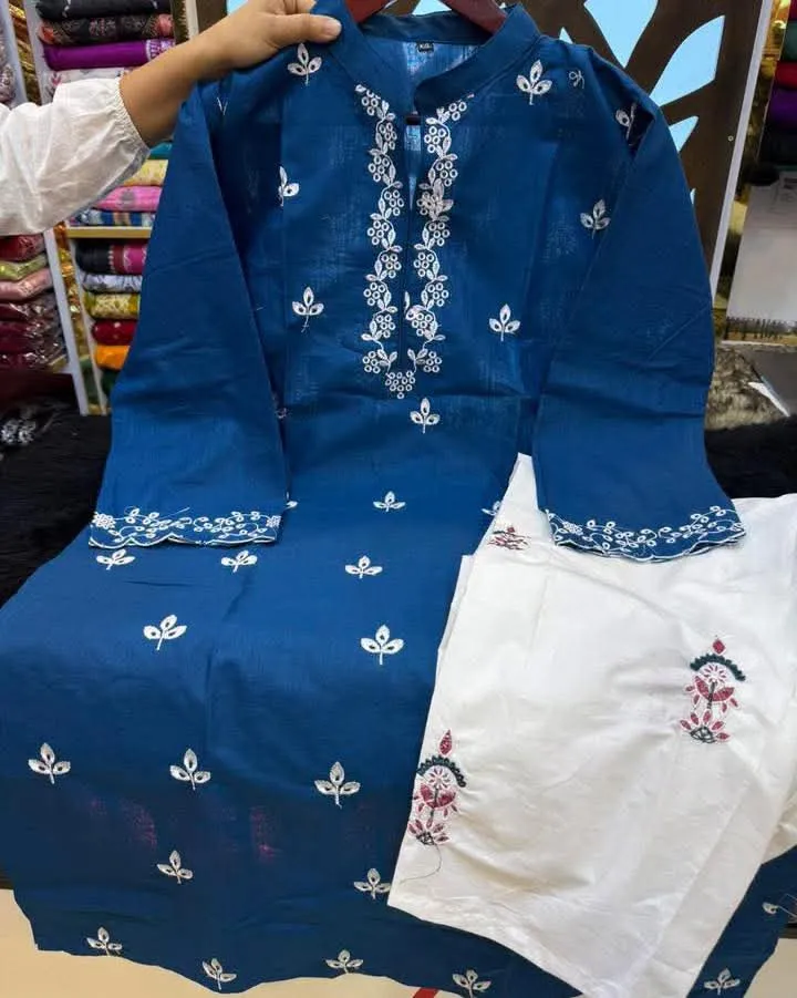 Women's Soft Cotton Embroidered Two Piece Set, 3 Colours