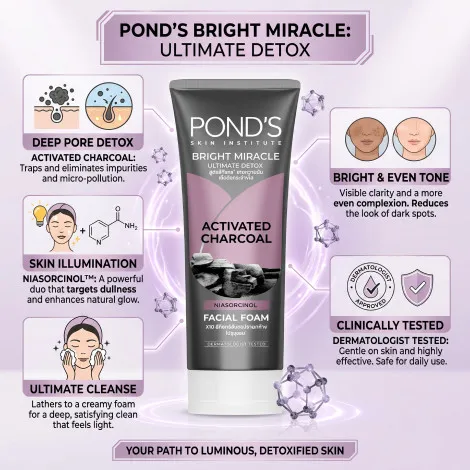 Pond's Bright Miracle Ultimate Detox Activated Charcoal Facial Foam 90g (Thailand)