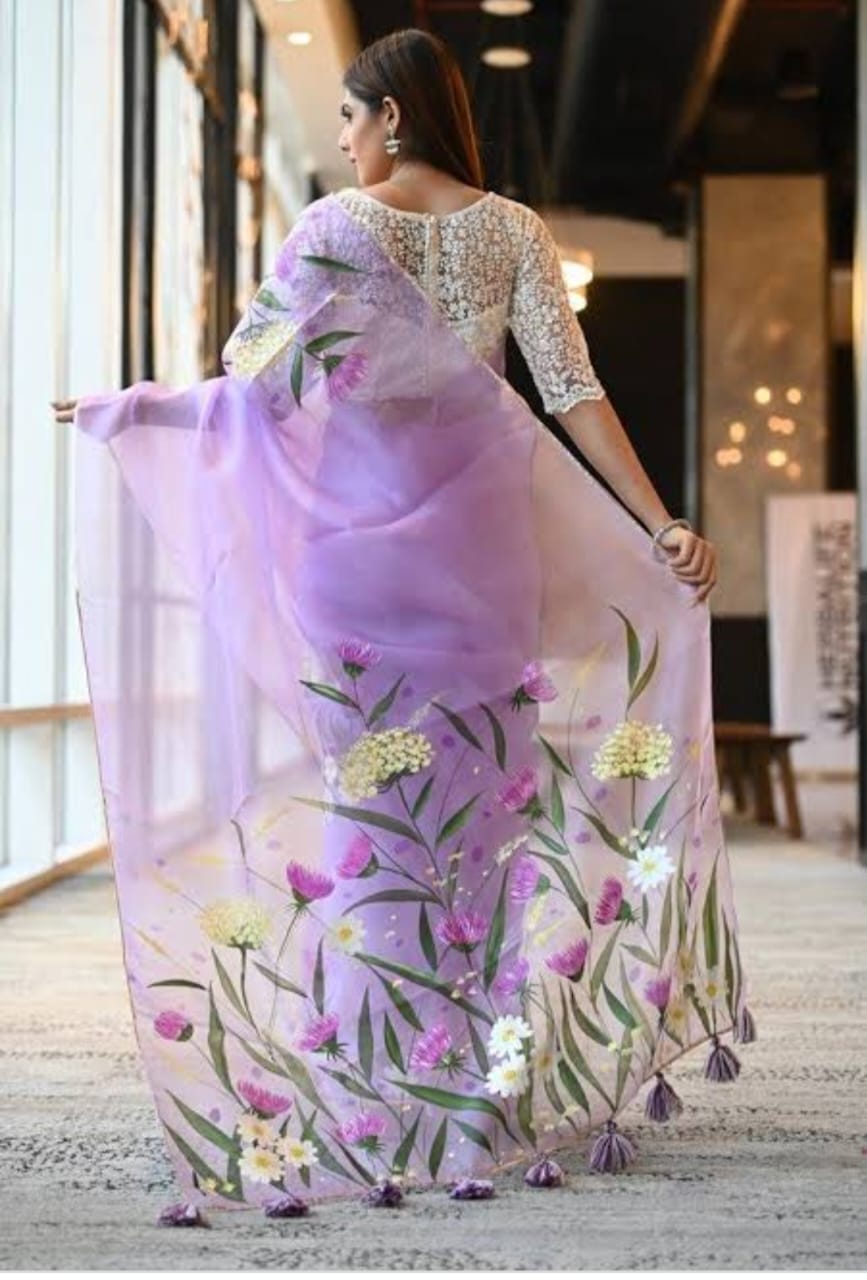 Half Silk Hand Print Saree with Brush Work, 12 Haath