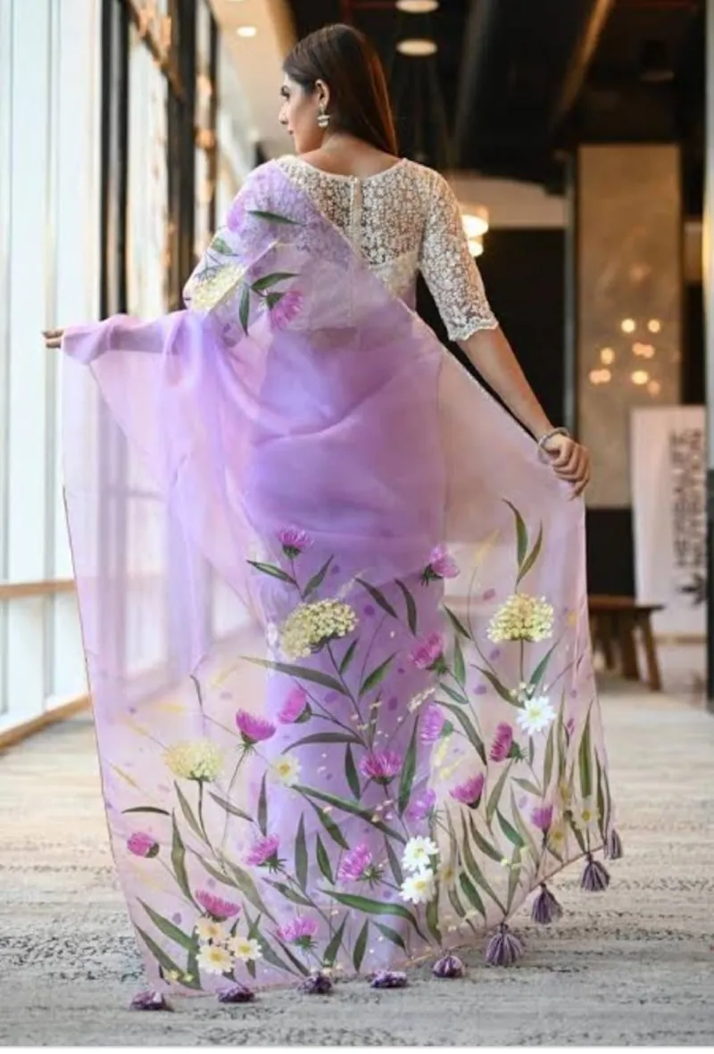 Women's 12 Haath Half Silk Saree with Hand Print Work
