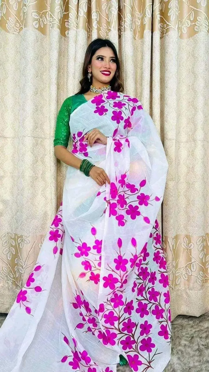 Half Silk Hand Paint Saree for Women, 6 Colour Choices