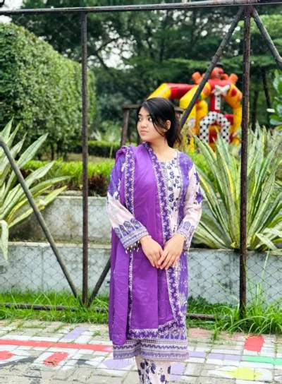 Stitched Dubai Silk Three Piece with Lace and Mirror Work