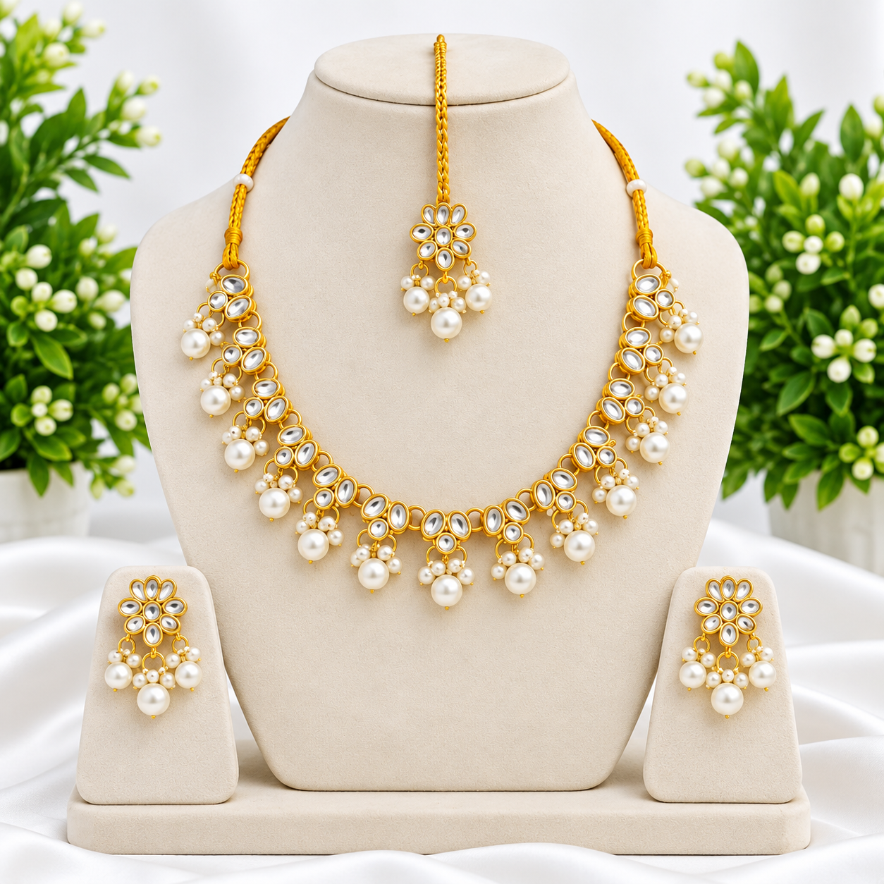 Exclusive Gorgeous Kundan and Pearl Jewelry Set (Necklace, Earrings, and Tikli)