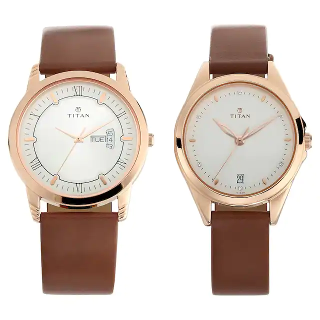 TITAN Bandhan Silver White Dial Leather Pair Watches (NR17742565WL01P)