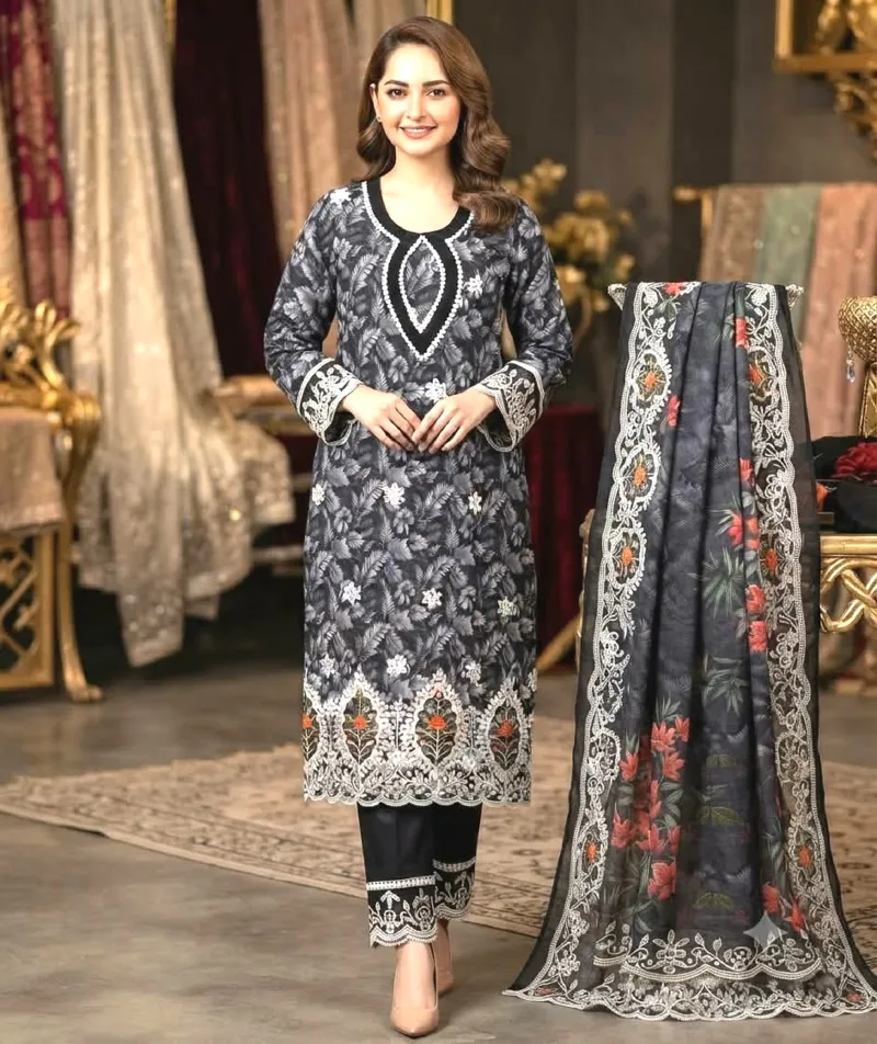 Laser Cut Readymade Three Piece with Embroidery and Lace Sleeves