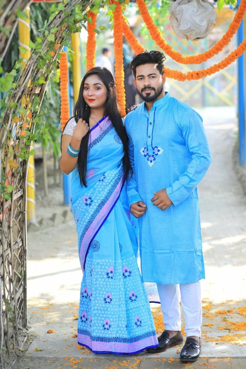 Block Print Dhupian Silk Couple Set, Saree and Panjabi, 4 Colours