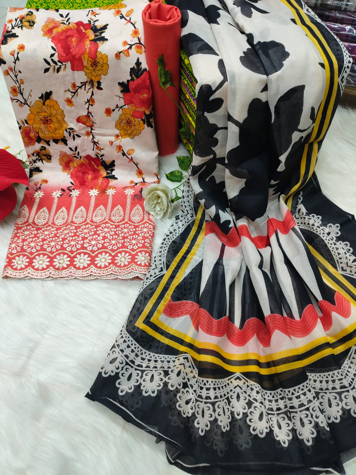 Pure Cotton Digital Print Three Piece with Namazi Orna