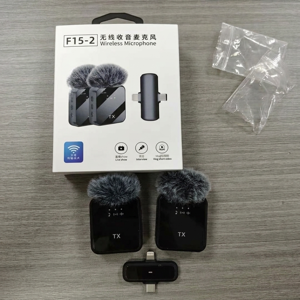 F15-2 Wireless Microphone 2 in 1 Type C + iPhone Noise Cancellation Lavalier Microphone, Professional Collar Microphone