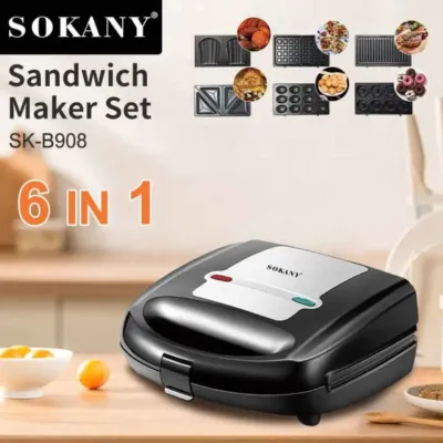 SOKANY SK-B908 6-in-1 Sandwich Maker with 6 Detachable Non-Stick Plates, 750W