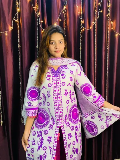 Cotton Skin Print Three Piece with Neck Embroidery, Body 42 and 44