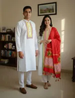Couple Block Print Three Piece with Dhupian Silk Panjabi, 6 Colours