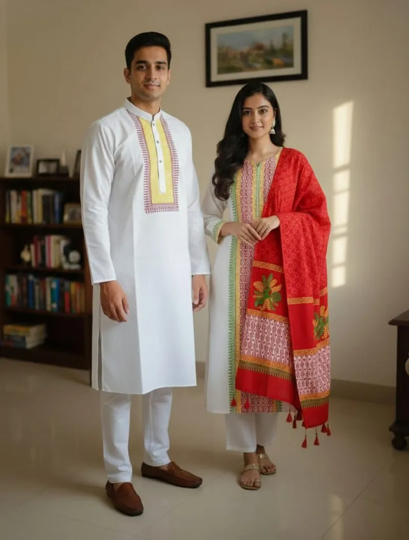 Couple Block Print Three Piece with Dhupian Silk Panjabi, 6 Colours