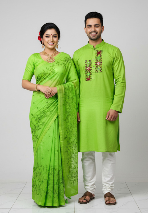 Couple Set: Embroidered Half Silk Saree and Slub Cotton Panjabi